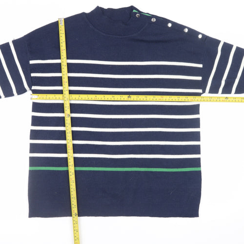 Damart Women Blue Striped Mock Neck Button Pullover Jumper Size 14/16