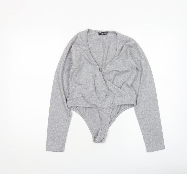 Boohoo Women’s Grey Long Sleeve Bodysuit UK 10 Cotton Blend