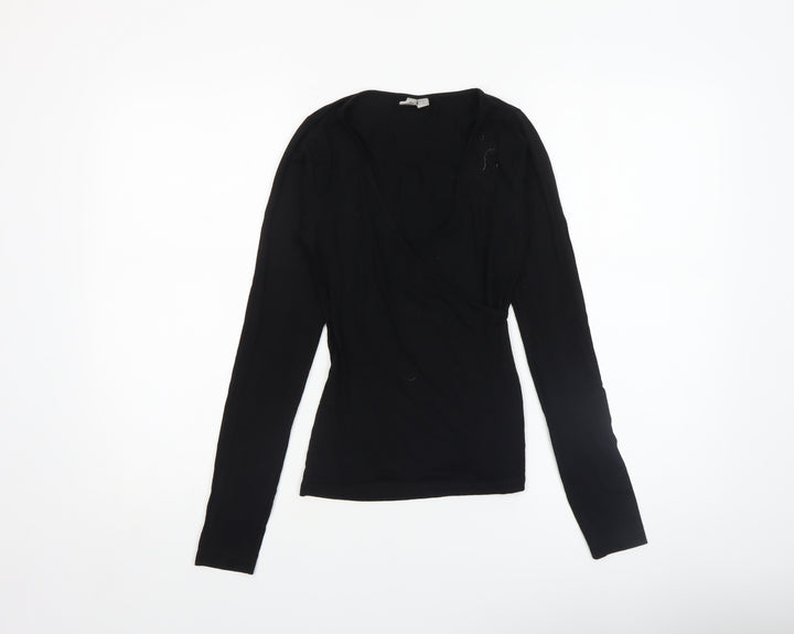 ASOS Women Black Wrap Long Sleeve Jersey Blouse Size 4