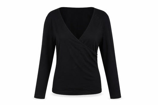 Front view of ASOS Women Black Wrap Long Sleeve Jersey Blouse, size 4