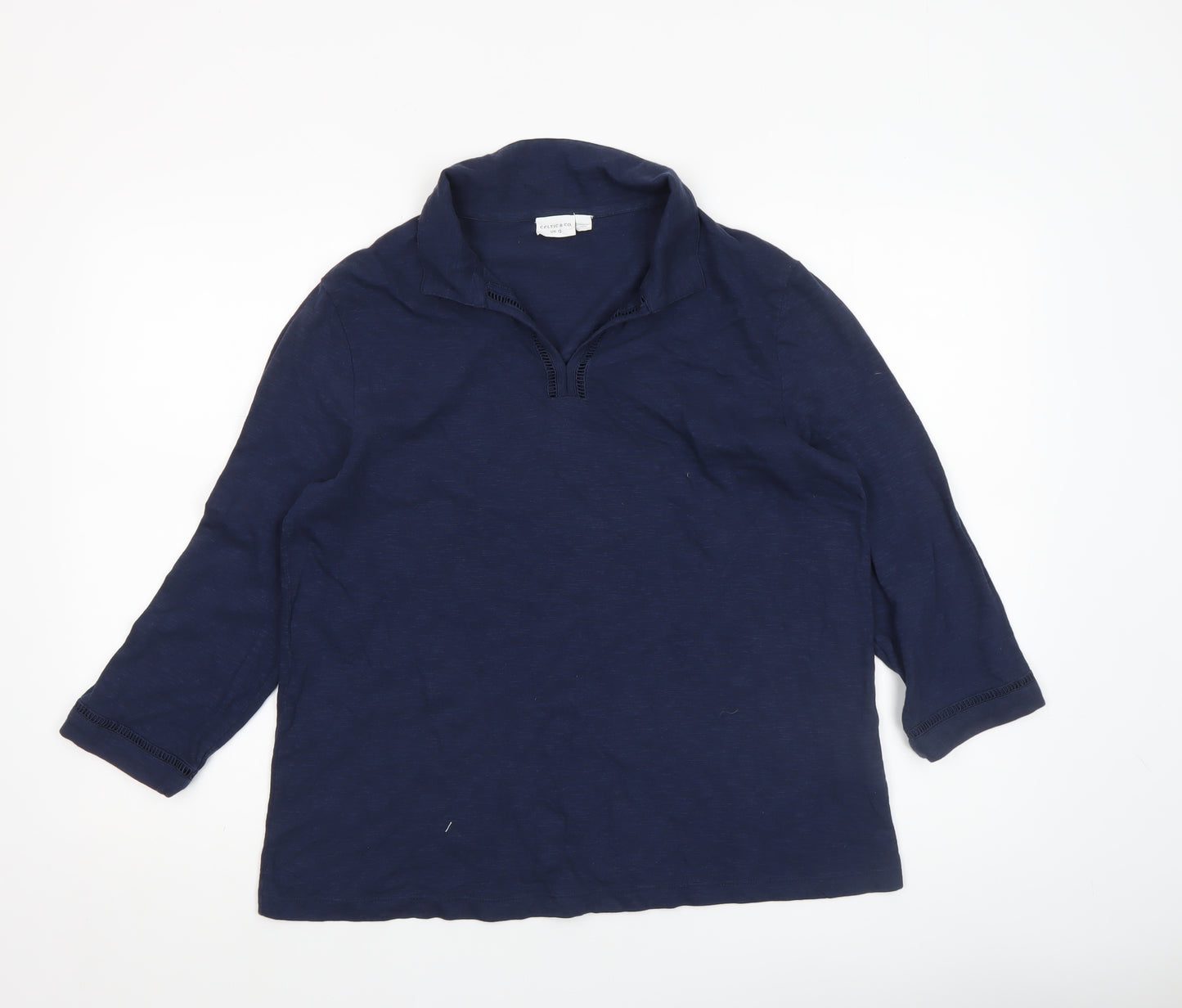 Celtic & Co. Women Blue Cotton 3/4 Sleeve Tunic V-Neck Blouse UK 12