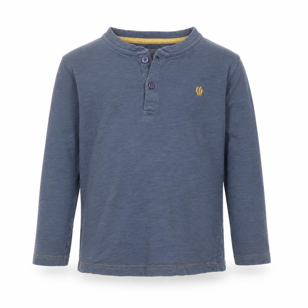 Front view of FatFace boys’ blue long sleeve henley t-shirt 5-6 years cotton basic
