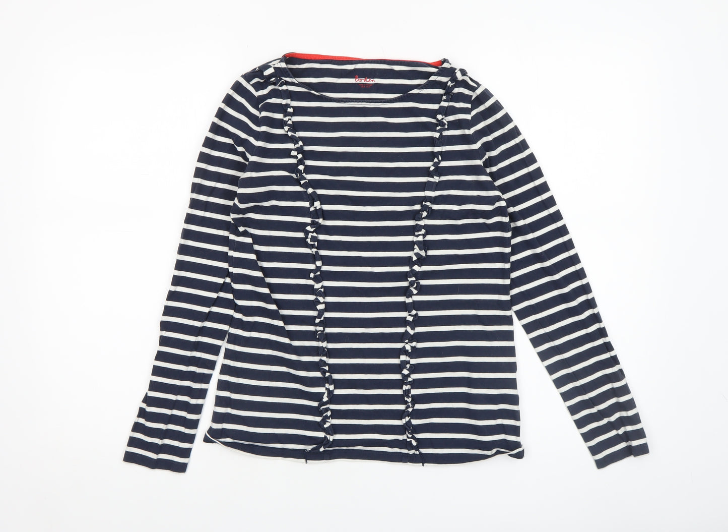 Boden Women’s Blue White Striped Cotton Long Sleeve Ruffle Top Size 8