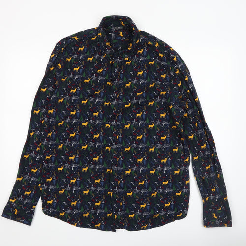 Livergy Men’s Blue Christmas Deer Cotton Long Sleeve Button-Up Shirt XL