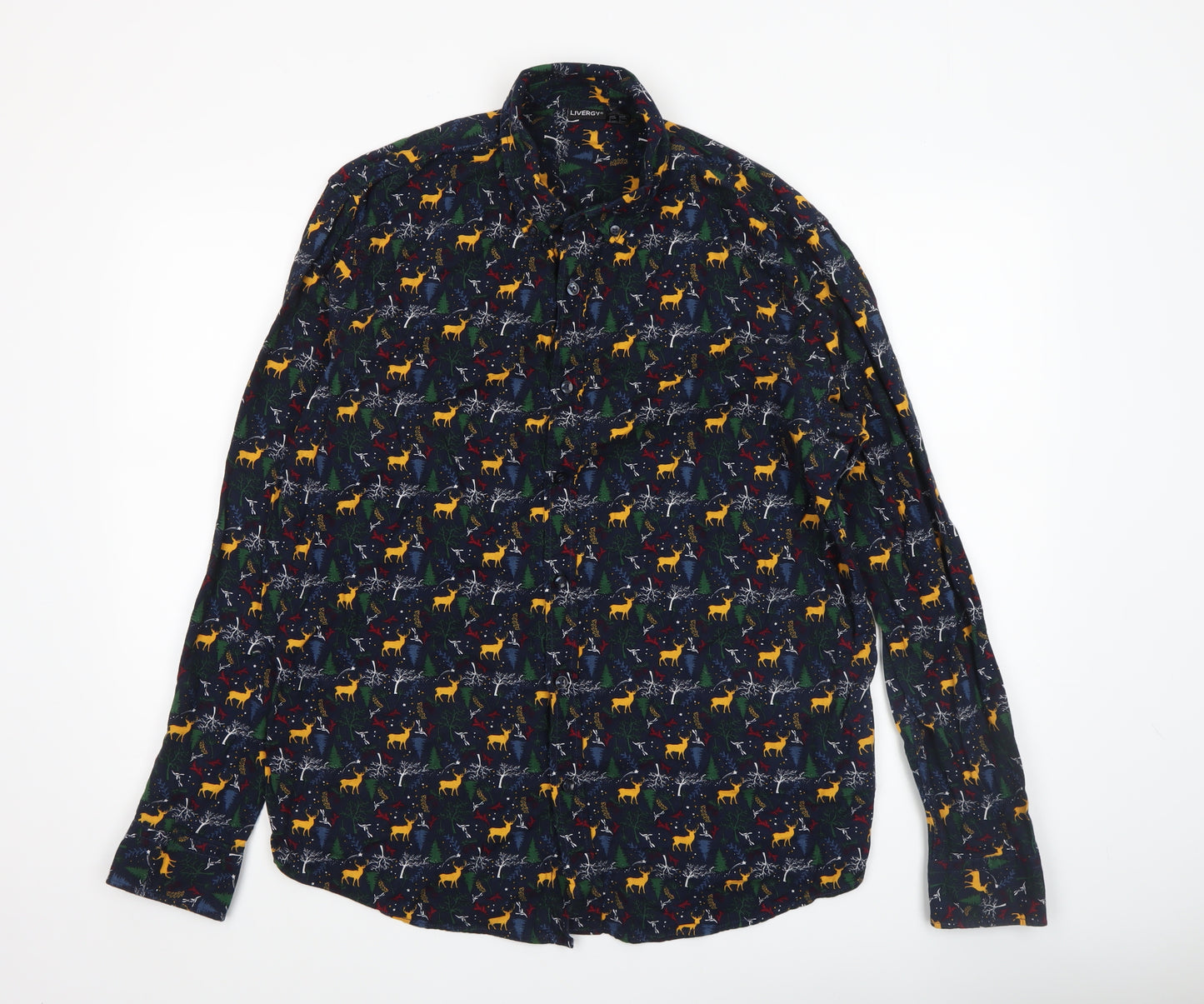 Livergy Men’s Blue Christmas Deer Cotton Long Sleeve Button-Up Shirt XL
