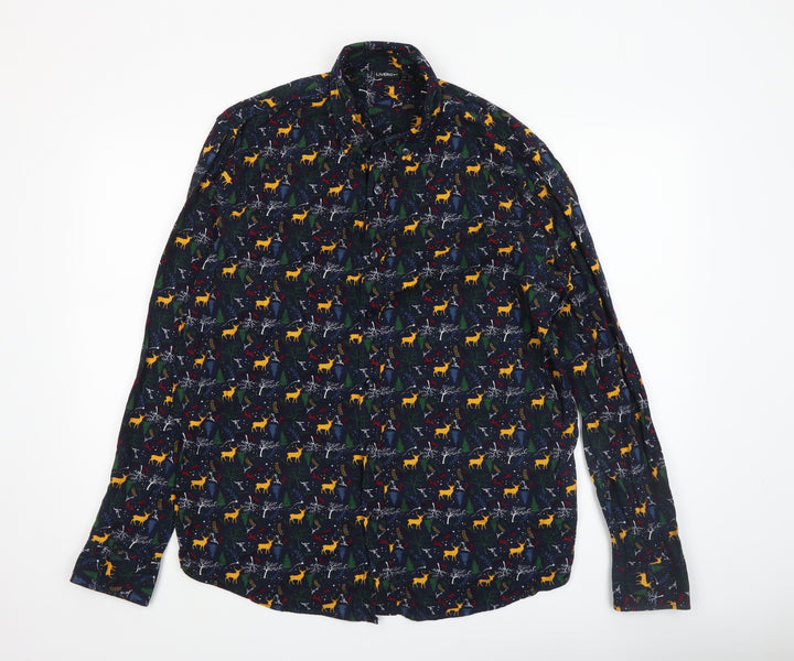Livergy Men’s Blue Christmas Deer Cotton Long Sleeve Button-Up Shirt XL