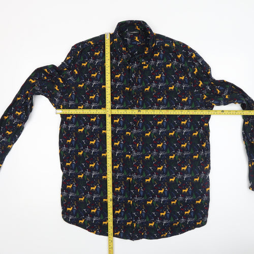 Livergy Men’s Blue Christmas Deer Cotton Long Sleeve Button-Up Shirt XL