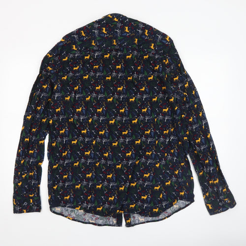 Livergy Men’s Blue Christmas Deer Cotton Long Sleeve Button-Up Shirt XL