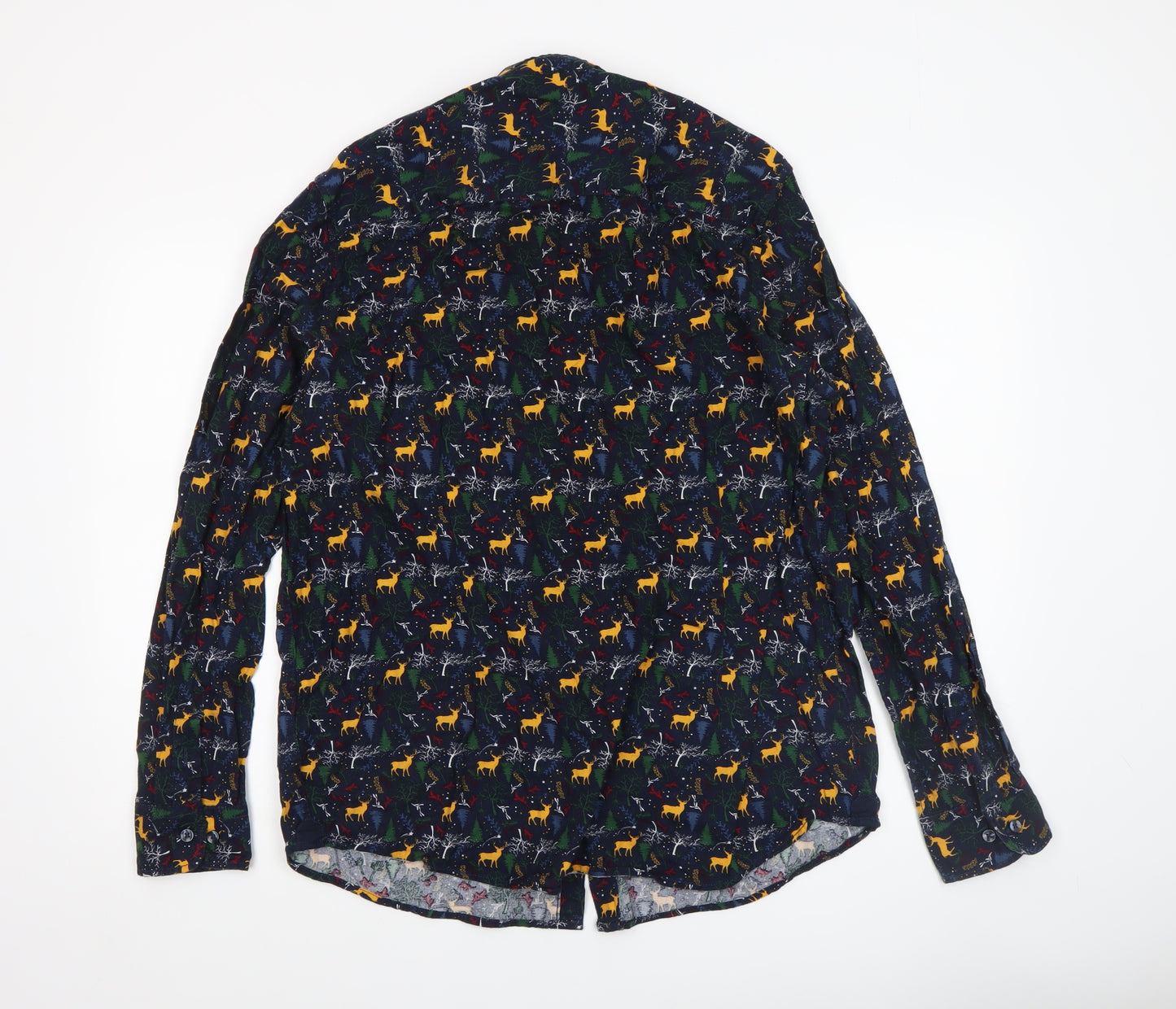 Livergy Men’s Blue Christmas Deer Cotton Long Sleeve Button-Up Shirt XL