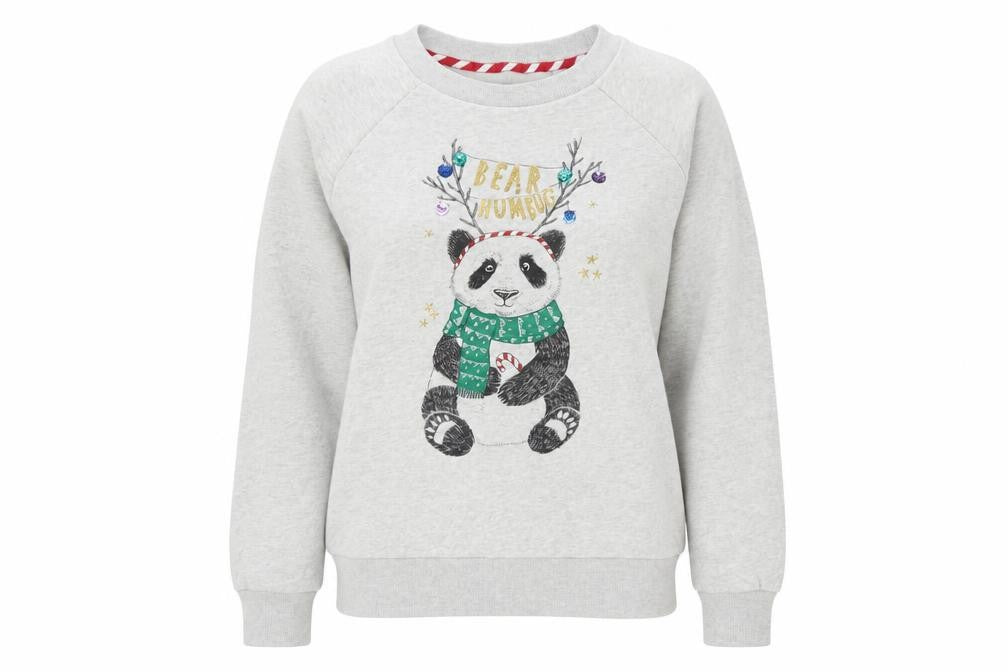 Front view of Next women’s grey christmas panda sweatshirt medium 100% cotton