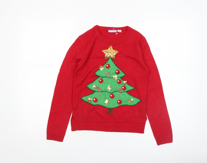 Pepperts Girls Red Christmas Tree Sequin Jumper 8-10 Years Pullover Knit