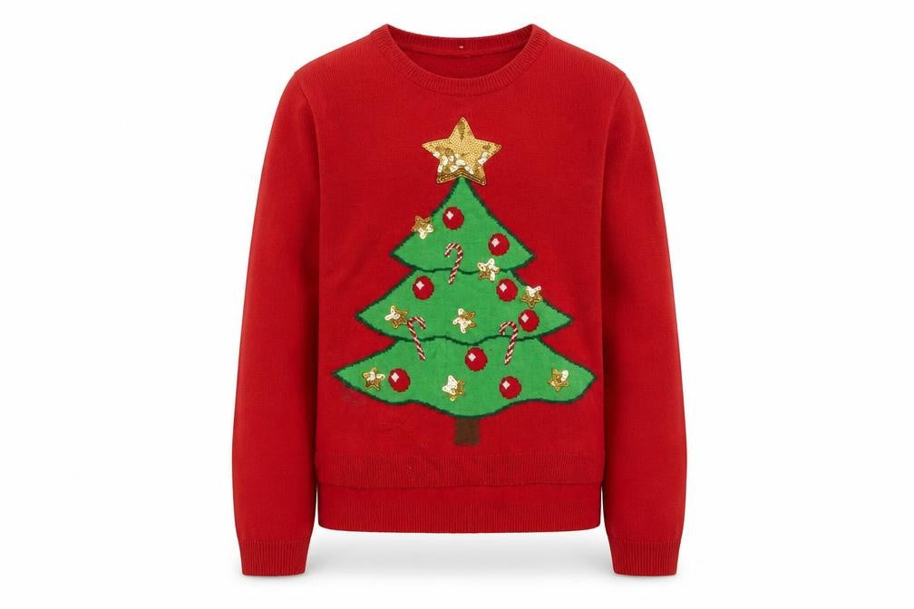 Front view of Pepperts girls’ red christmas tree sequin jumper 8-10 years pullover knit
