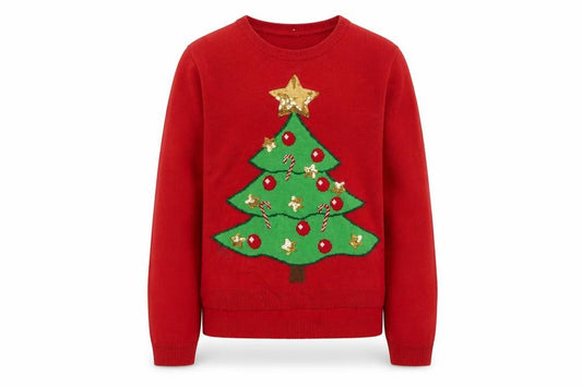Front view of Pepperts girls’ red christmas tree sequin jumper 8-10 years pullover knit