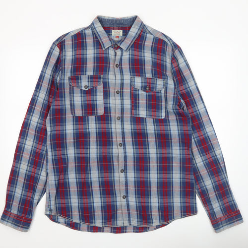 Next Men's Blue Red Checked Long Sleeve Cotton Shirt Size L