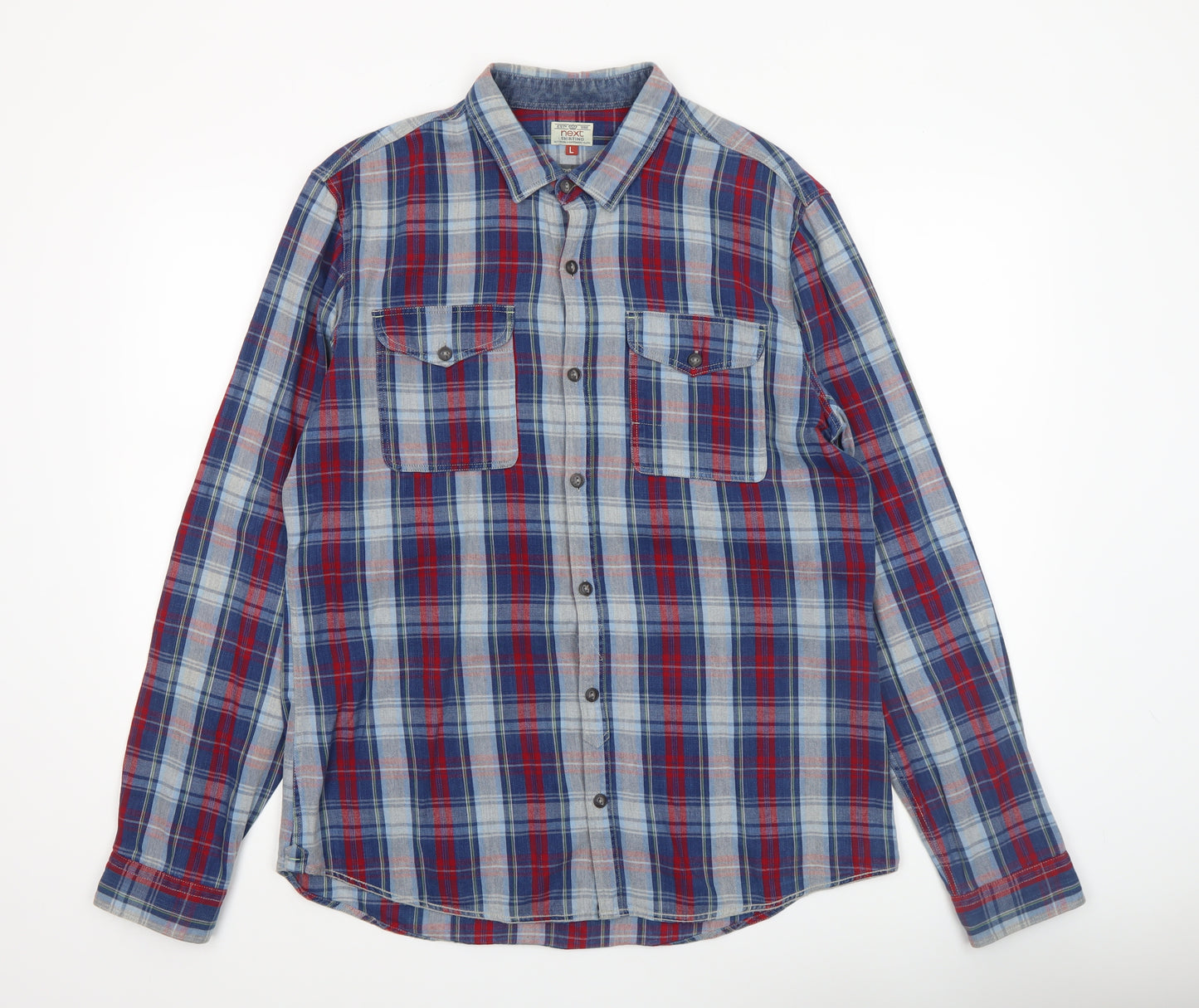 Next Men's Blue Red Checked Long Sleeve Cotton Shirt Size L