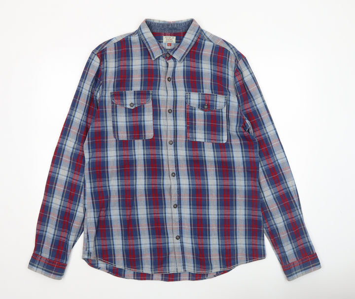 Next Men's Blue Red Checked Long Sleeve Cotton Shirt Size L