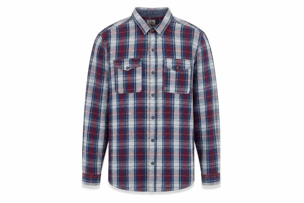 Front view of Next Men's Blue Red Checked Long Sleeve Cotton Shirt, size L