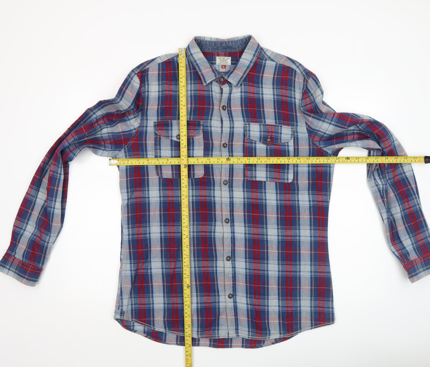 Next Men's Blue Red Checked Long Sleeve Cotton Shirt Size L