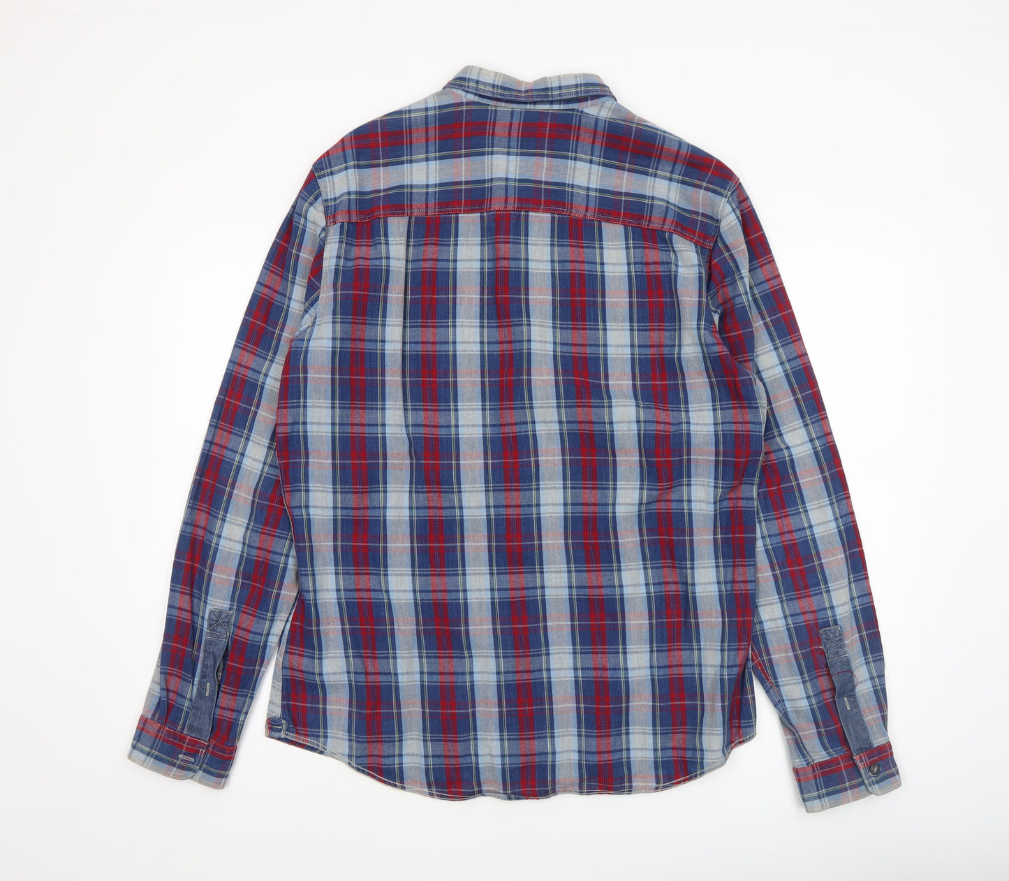 Next Men's Blue Red Checked Long Sleeve Cotton Shirt Size L