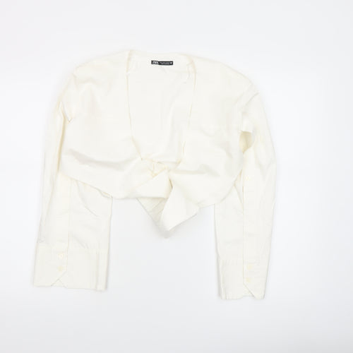ZARA Women Ivory Cropped Button Blouse Size 8 Long Sleeve