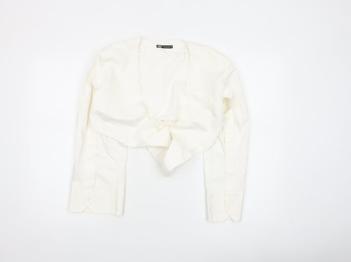 ZARA Women Ivory Cropped Button Blouse Size 8 Long Sleeve