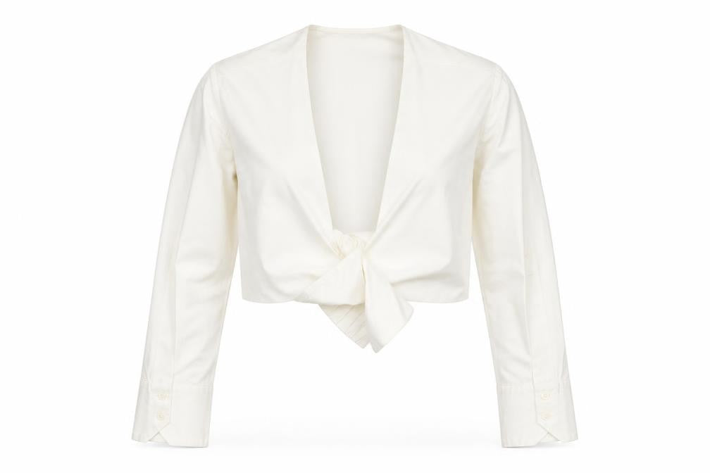 Front view of Zara Women Ivory Cropped Button Blouse, size 8, Long Sleeve