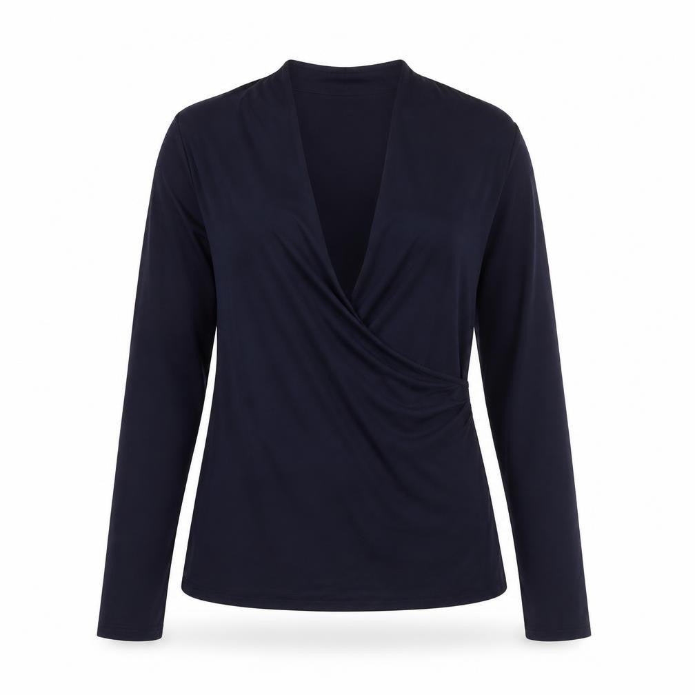 Front view of Windsmoor Women's Blue Wrap V-Neck Jersey Long Sleeve Blouse, size S