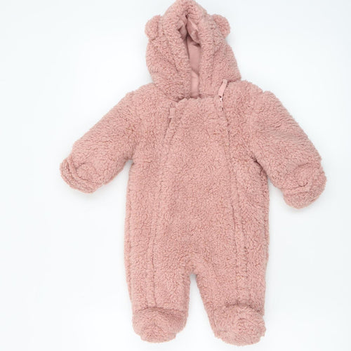 Marks and Spencer Pink Fleece Bear Hooded Baby Coverall 0-3 Months
