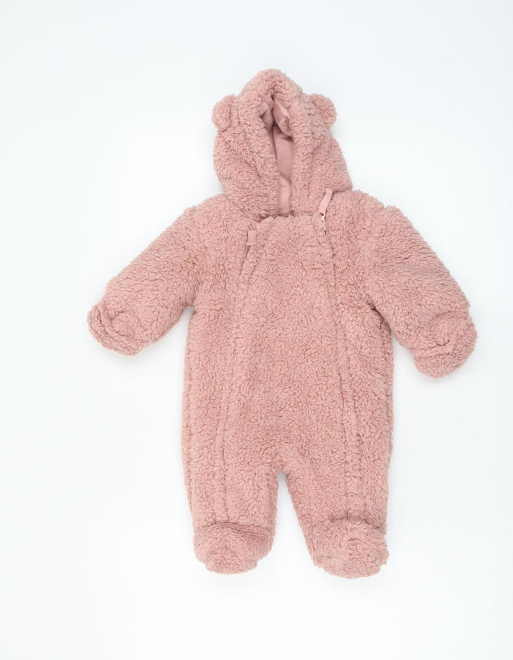 Marks and Spencer Pink Fleece Bear Hooded Baby Coverall 0-3 Months