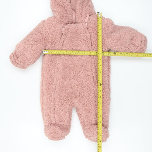 Marks and Spencer Pink Fleece Bear Hooded Baby Coverall 0-3 Months