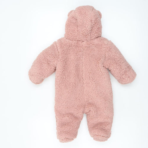 Marks and Spencer Pink Fleece Bear Hooded Baby Coverall 0-3 Months