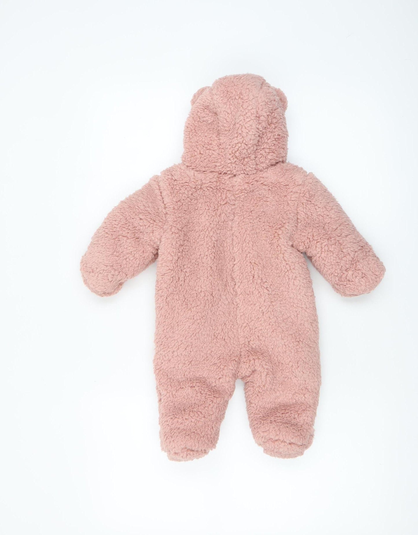 Marks and Spencer Pink Fleece Bear Hooded Baby Coverall 0-3 Months