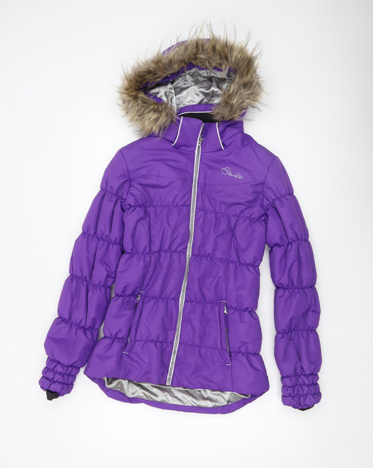 Dare 2b Girls Purple Puffer Jacket 16 Years Hooded Fur Trim Winter Coat