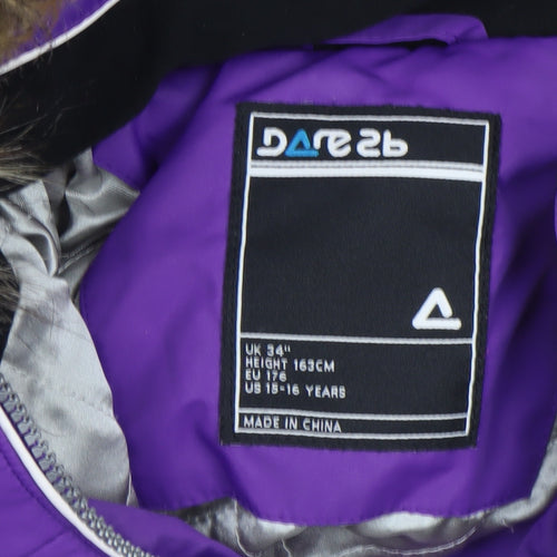 Dare 2b Girls Purple Puffer Jacket 16 Years Hooded Fur Trim Winter Coat