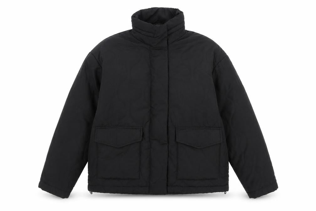 Front view of Nutmeg women’s black quilted puffer jacket, size UK 10
