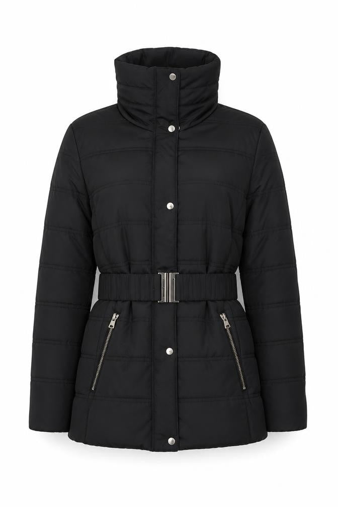 Front view of Dorothy Perkins Women’s Black, size UK 12, Belted Puffer Jacket