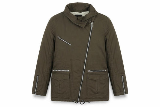 Front view of New Look Women’s Green Biker Jacket, size UK 10, Cotton Zip Mid-Length