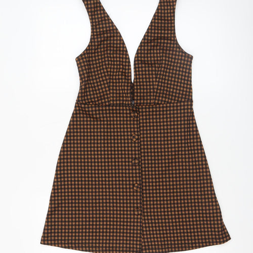 Primark Women Brown Check Pinafore Dress Size 8 Button Stretch