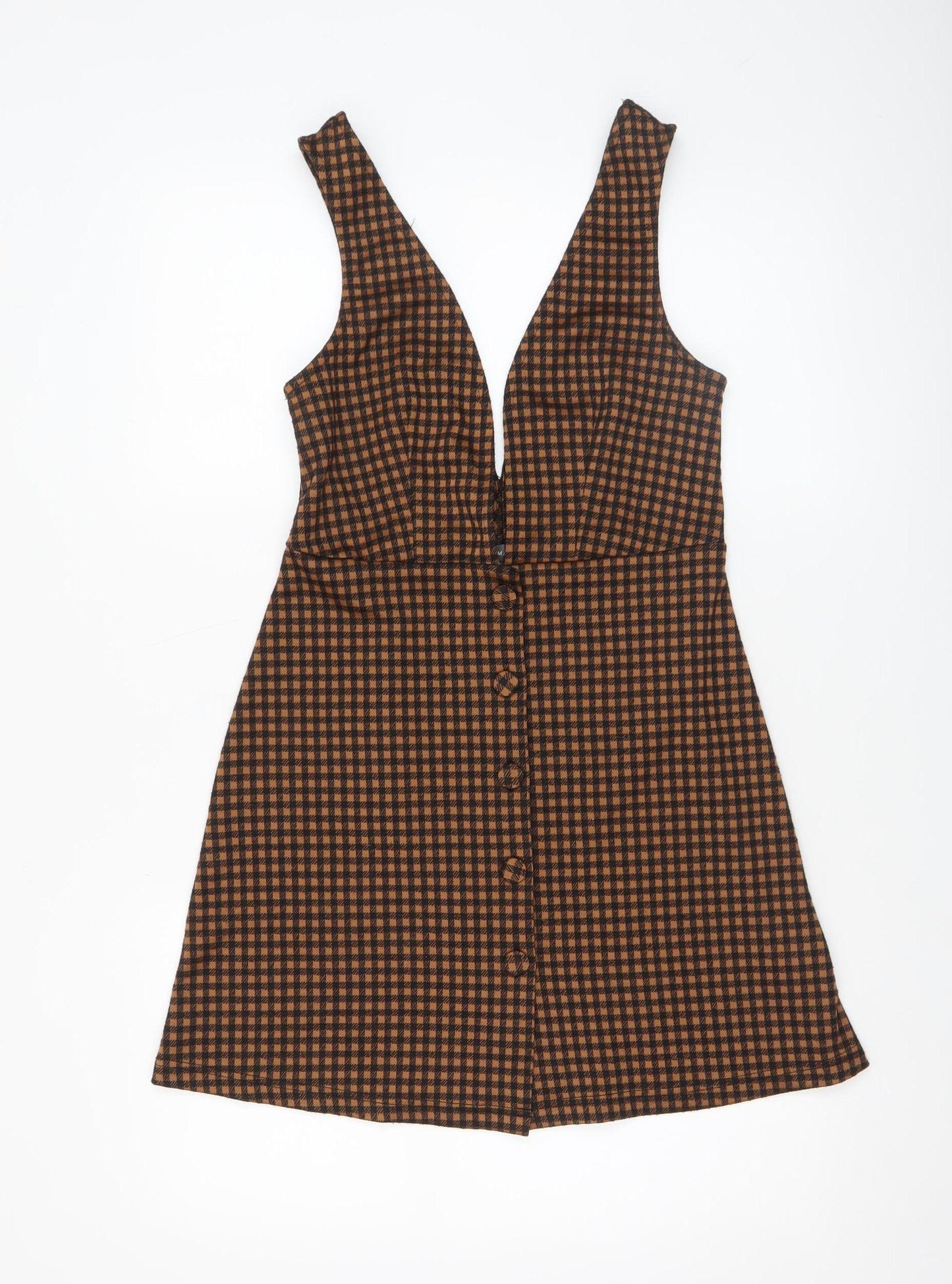 Primark Women Brown Check Pinafore Dress Size 8 Button Stretch