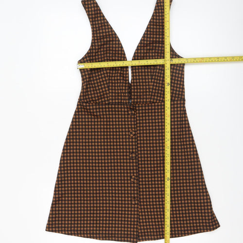 Primark Women Brown Check Pinafore Dress Size 8 Button Stretch