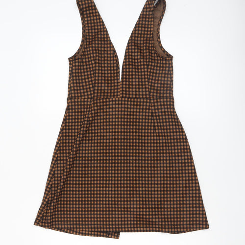 Primark Women Brown Check Pinafore Dress Size 8 Button Stretch