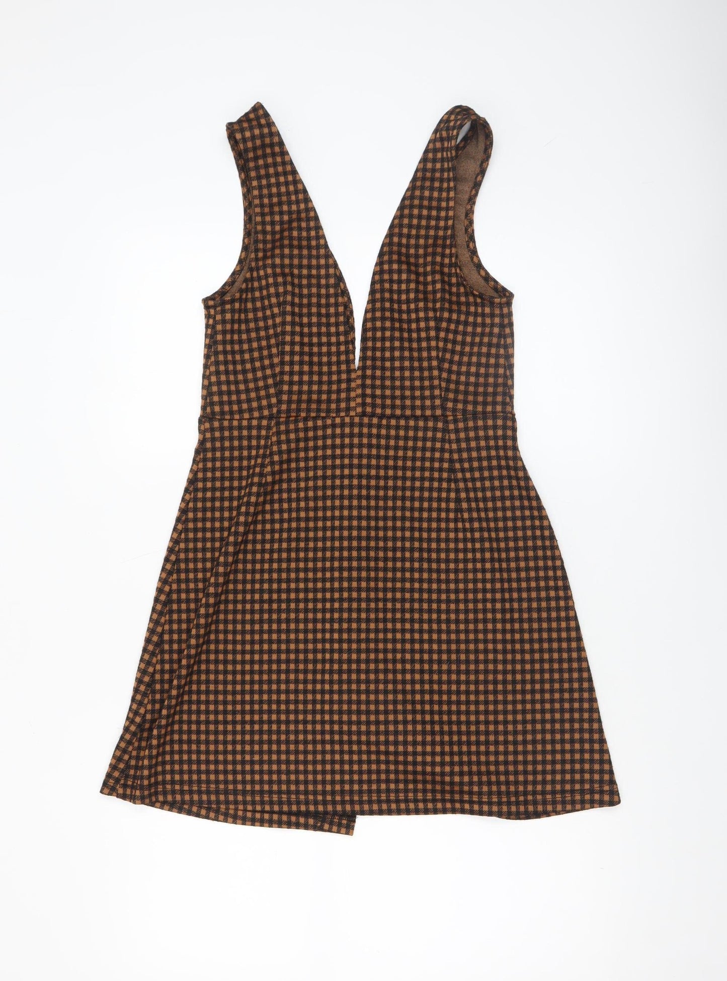 Primark Women Brown Check Pinafore Dress Size 8 Button Stretch