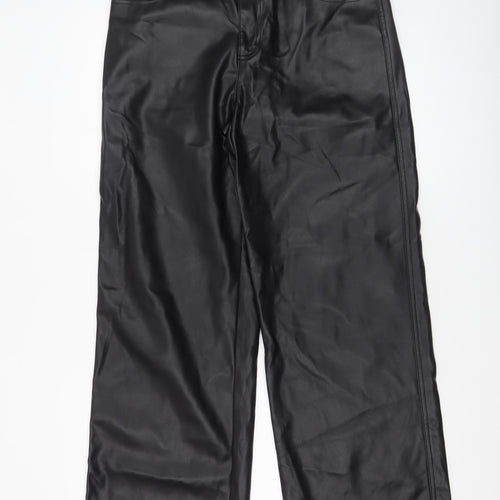 Stradivarius Women Black Faux Leather High Rise Straight Trousers Size 12