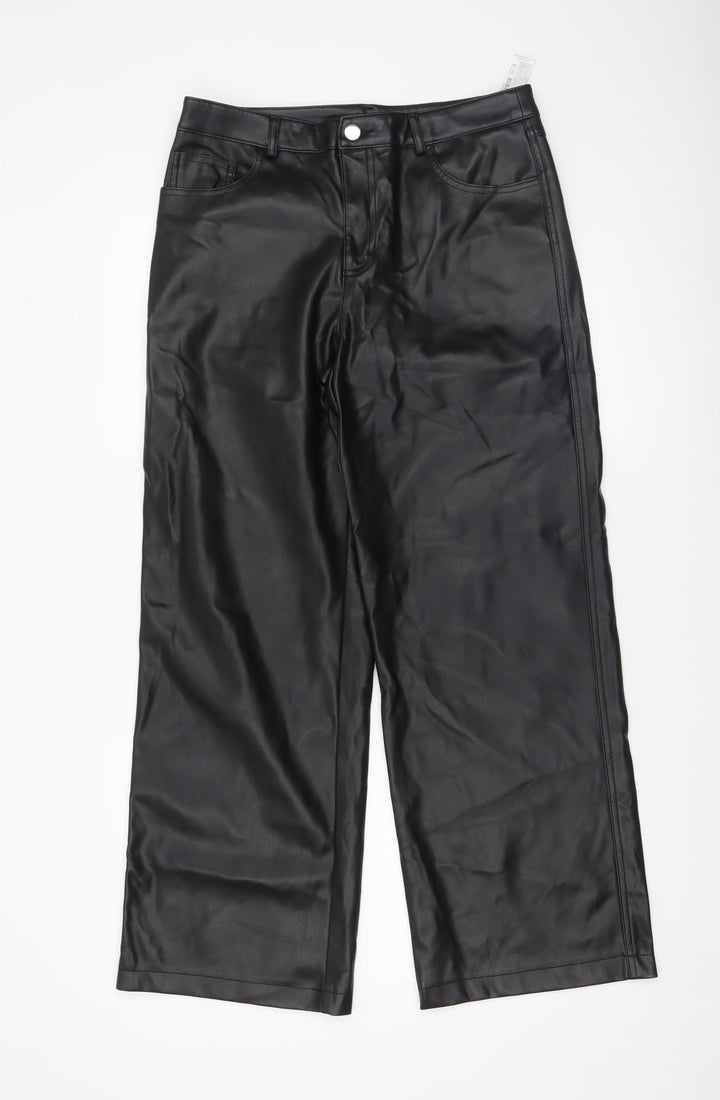 Stradivarius Women Black Faux Leather High Rise Straight Trousers Size 12