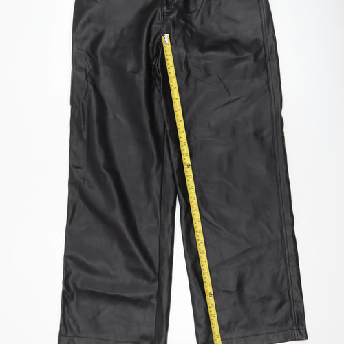 Stradivarius Women Black Faux Leather High Rise Straight Trousers Size 12