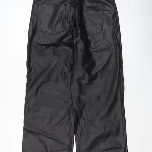 Stradivarius Women Black Faux Leather High Rise Straight Trousers Size 12