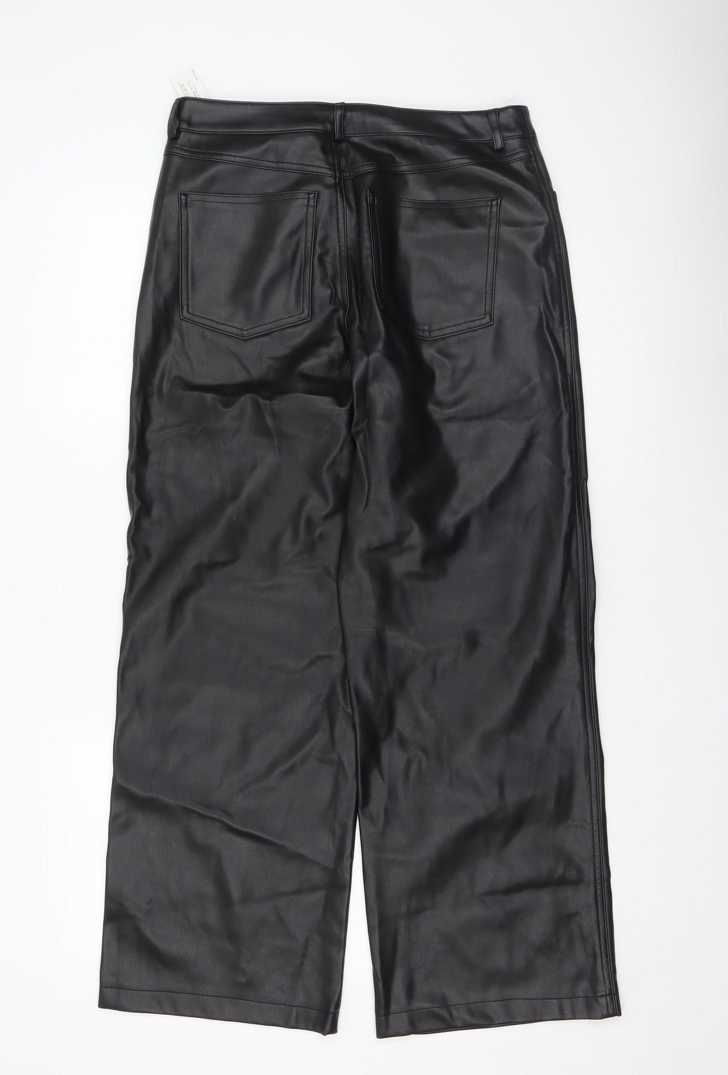 Stradivarius Women Black Faux Leather High Rise Straight Trousers Size 12