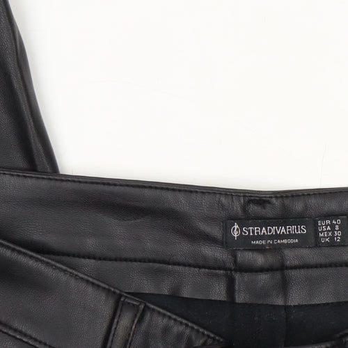 Stradivarius Women Black Faux Leather High Rise Straight Trousers Size 12
