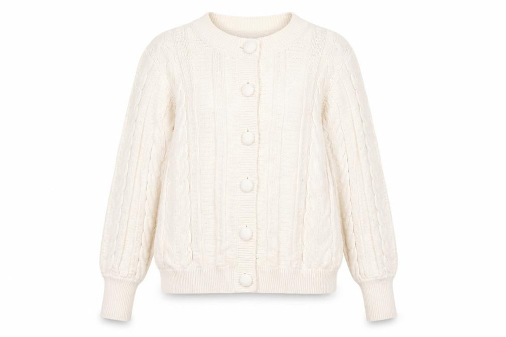 Front view of Gallery women’s ivory cable knit button cardigan, size UK 14