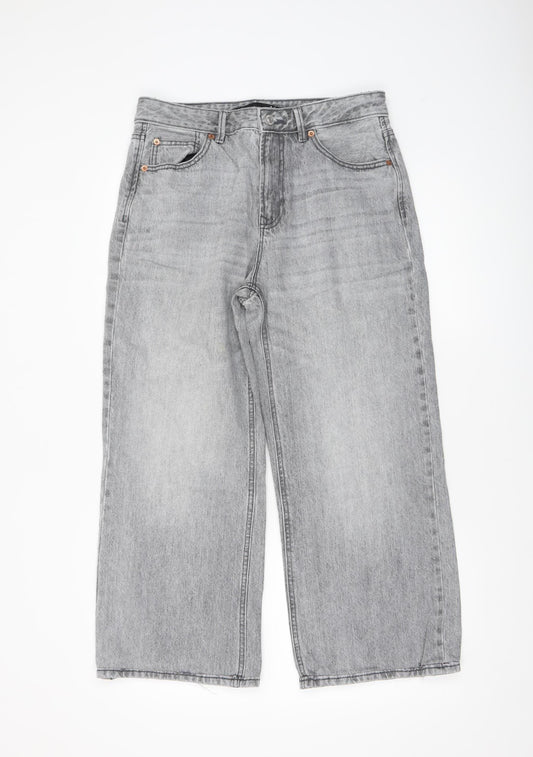 Stradivarius Women’s Grey Wide-Leg Cotton Jeans UK 12 High Rise